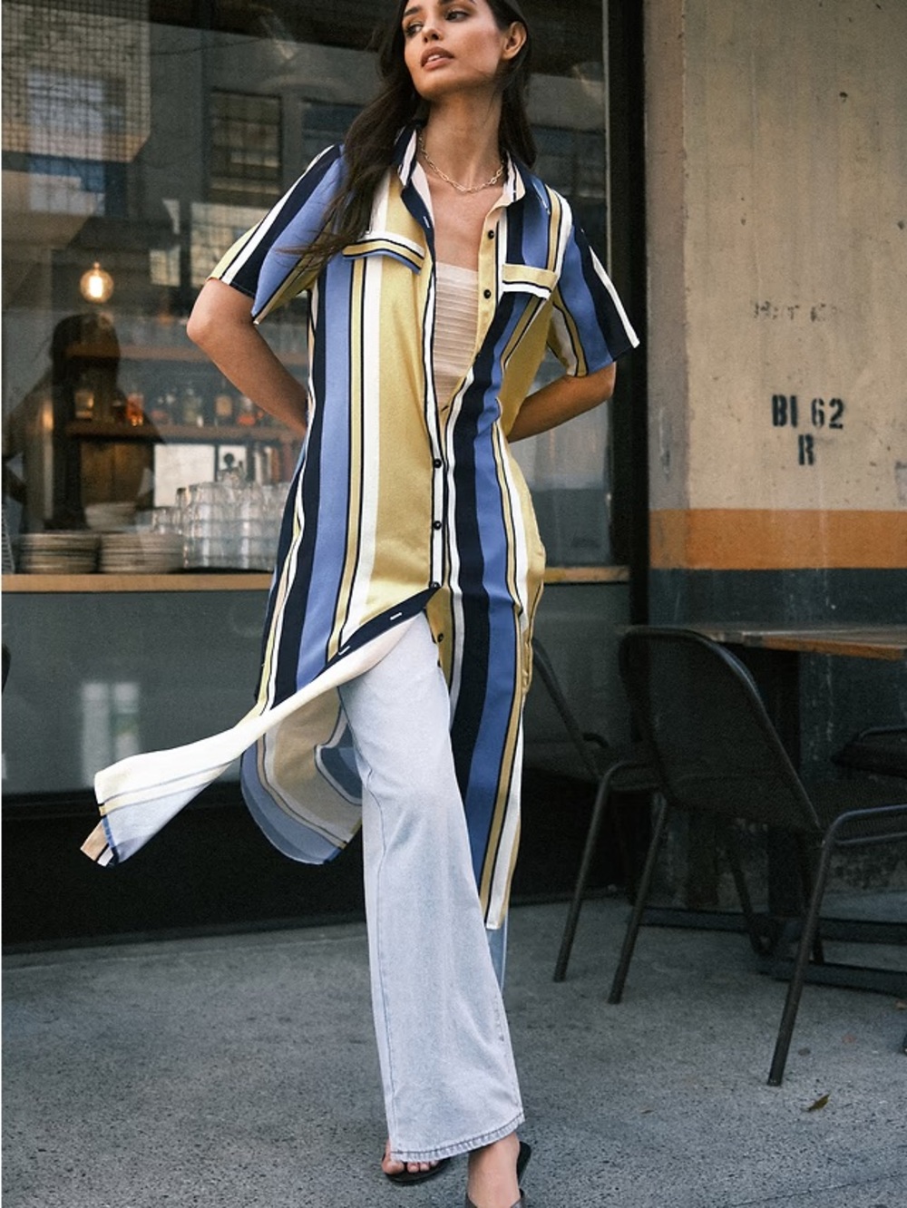 Striped Longline Shirt-Jacket Dress in Blue & Yellow SKU 112